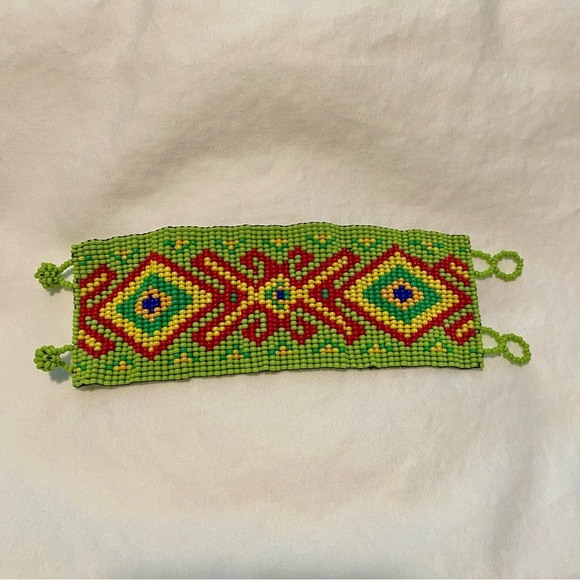 Aztec Bohemian Boho Beaded Large Cuff Bracelet Handmade Green Red Yellow - Picture 2 of 2